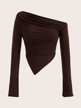 Solid Color Asymmetrical Collar Pleated T-Shirt - Brown